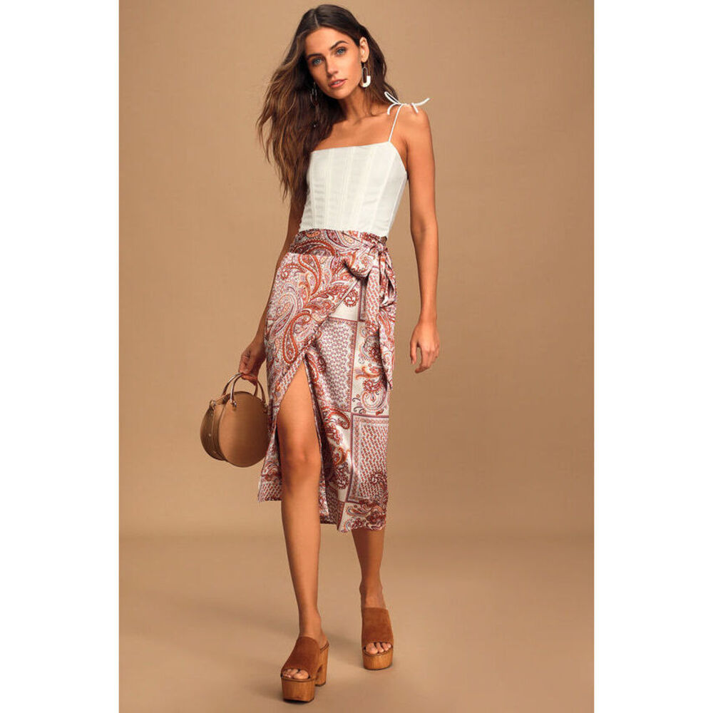 Lulus Take A Walk With Me Ivory Paisley Print Satin Wrap Midi Skirt Red - Size S